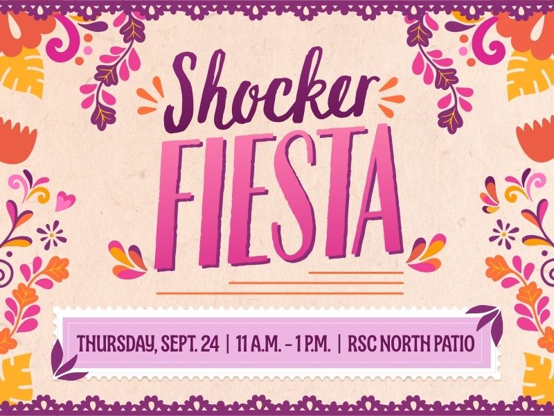 Promotional graphic for "Shocker Fiesta" featuring colorful floral borders and papel picado designs. Text announces the event is on Thursday, Sept. 24, from 11 a.m. to 1p.m. at the RSC North Patio.