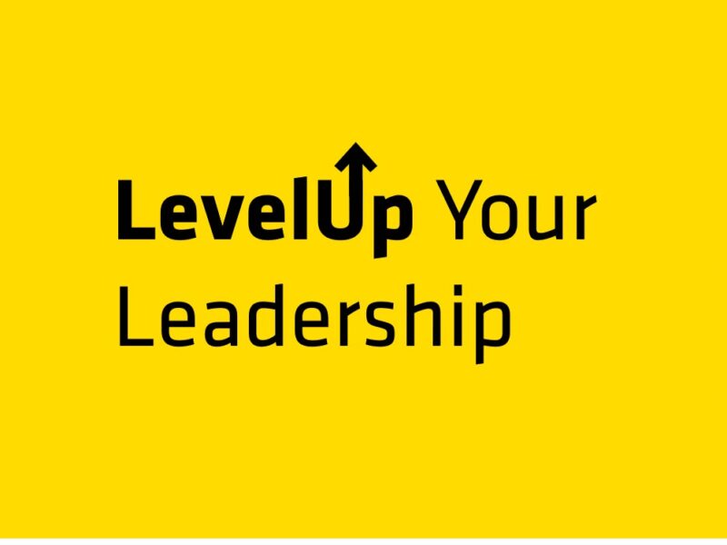 LevelUp Your Leadership logo on shocker yellow background.