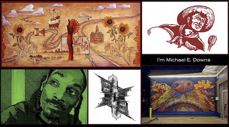 Mural of Wichita icons: Keeper of the Plains, sunflowers, cattle; cowboy singing with words I'm Michael E. Downs; dog's face; building; Snoop Dogg.