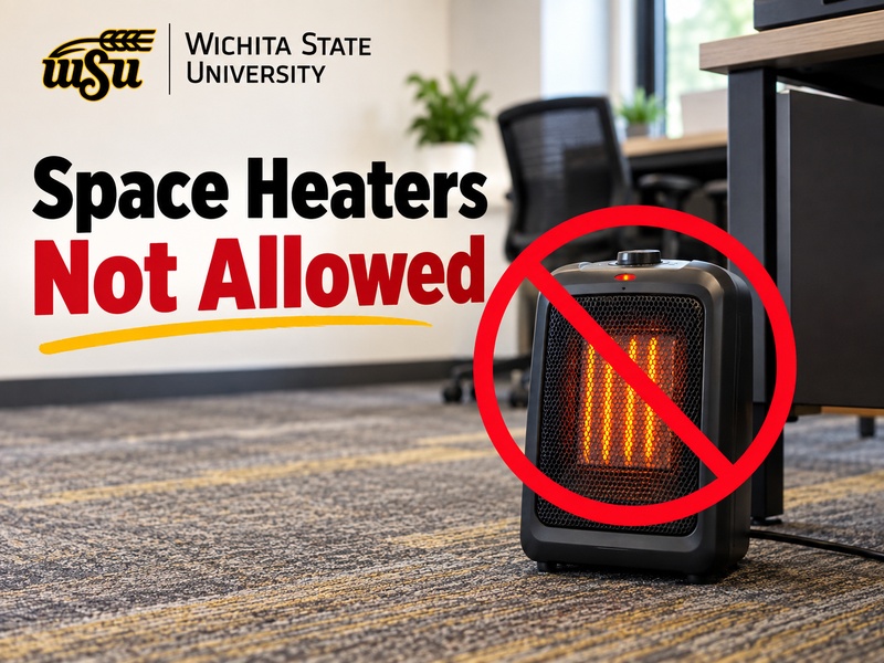 Wichita State University office safety graphic showing a portable space heater crossed out with a red prohibition symbol and the message ‘Space Heaters Not Allowed.