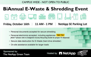 "Campus Wide - Not open to public. Bi-annual e-waste & shredding event. Friday, October 16 | 11 AM - 1 PM | NetApp SE Parking Lot. Sponsored by: The NetApp Green Team. Hosted by:" and logos for NetApp and WSU. Clip art of different electronics accepted to bring, including phones, batteries, printers, computers, keyboards, stereos, tablets, routers.