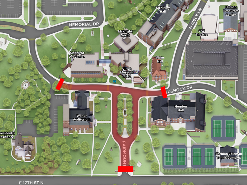 An overhead map showing the section of road closed in red.