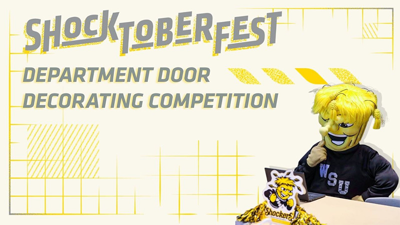 Shocktoberfest Department Door Decorating Competition with an image of WuShock seating in front of a laptop while thinking.
