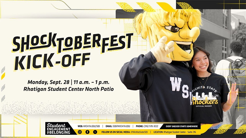 Shocktoberfest kick-off on Monday, September 28 from 11 a.m. - 1 p.m. at the RSC North Patio. Image contains photo of students posing for a picture next to Wichita State mascot, WuShock