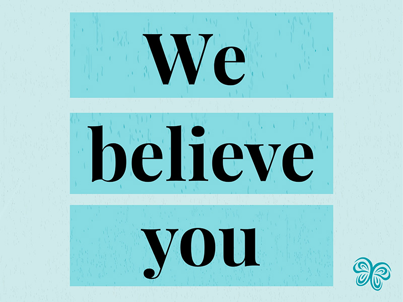The text "We believe you" on top of teal boxes for each word on a light blue background. An illustration of a butterfly sits in the bottom right corner.