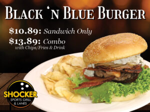 Black 'N Blue Burger. Burger patty topped with Blue cheese mix, applewood smoked bacon, sauteed onion, lettuce and tomato, server on a kaiser roll bun.