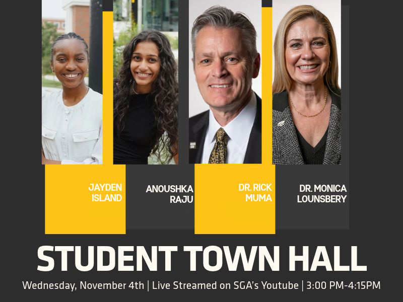 Jayden Island, Anoushka Raju, Dr. Rick Muma, Dr. Monica Lounsbery. Student town hall.