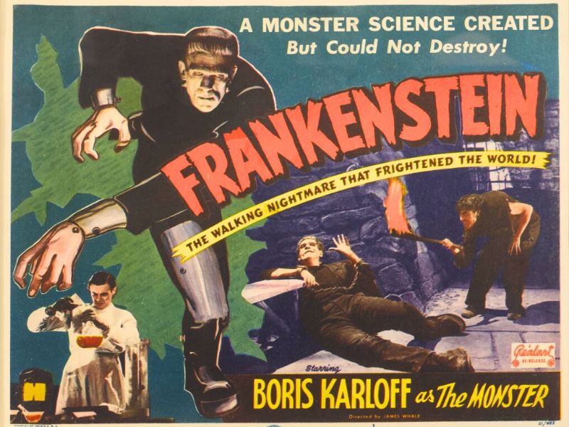Original poster for Frankenstein with taglines: "A monster science created but could not destroy!" and "The walking nightmare that frightened the world!" - "Starring Boris Karloff as the Monster"