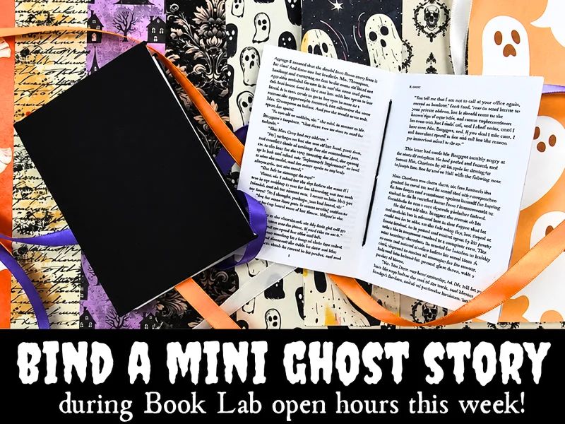 Bind a mini ghost story during Book Lab open hours this week! (image includes sample miniature books and an array of Halloween-themed papers)