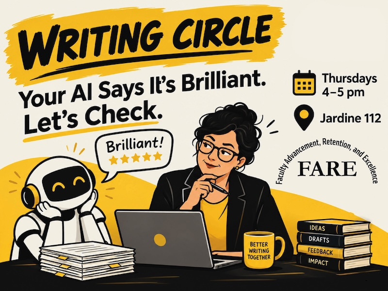 Writing Circle flyer in black, white, and gold. Headline: “Your AI Says It’s Brilliant. Let’s Check.” An illustration shows a smiling robot enthusiastically praising a draft with a “Brilliant!” speech bubble and five gold stars, while a thoughtful faculty member reviews the writing on a laptop. Meeting details: Thursdays, 4–5 pm, Jardine 112. Sponsored by the Office of faculty Advancement, Retention, and Excellence.