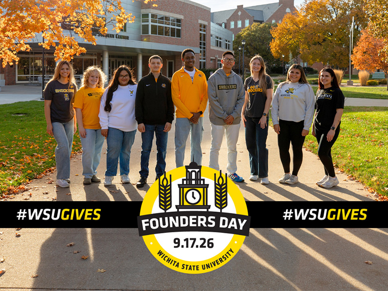 Students pose on a sidewalk on campus with the text "#WSUGIVES" repeated at the bottom with the Founders Day logo.