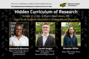 A Unit of the Dorothy & Bill Cohen Honors College, The Undergraduate Research & Creative Activity Hub, Hidden Curriculum of Research, October 21, 1:00-2:30 pm, Ablah Library, DSC, Open to all students interested in undergraduate research, Anestacia Marston, Major: Psychology, Minors: Criminal Justice & Communications, Garett Knight, Major: Music with a focus on Cognitive Neuromusicology research, Braeden Miller, Major: Psychology with a minor in Honors
