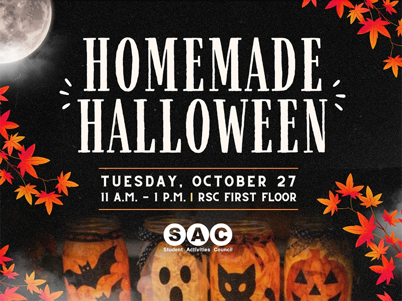 The title "Homemade Halloween" is at the top of the page followed by the details, "Tuesday, October 27th 11 am - 1 pm RSC First Floor". In the middle of the image is the SAC logo. Below the words is a picture of the Mason Jar craft: Halloween themed paper designs attached to glass with tea light candles inside the jar.