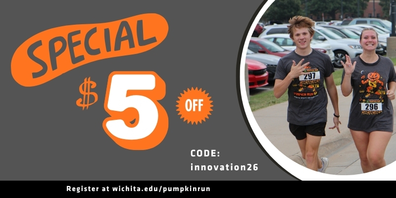 Two runners with the W sign running on campus. Special $5 off code: innovation26 Register at wichita.edu/pumpkinrun
