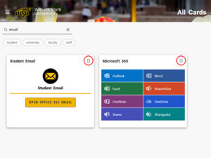 The new myWSU portal. In the top left corner is a search text box with "email" written in it. Below it are two boxes, one labeled "Student Email" with a button that says "Open Office 365 Email." The other is labeled "Microsoft 365" and has colorful buttons for the major Microsoft Apps, "Outlook," "Word," "Excel," "PowerPoint," "OneNote," "OneDrive," "Teams" and "Sharepoint."