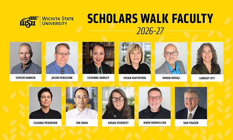 A collage of photos of all the faculty members part of the latest Scholars Walk sit on a yellow background. At the top sits the text, "Scholars Walk faculty, 2026-27."