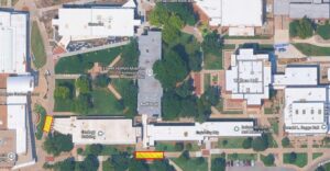 Overhead map view of the existing sidewalk closure between Geology and the RSC, and the temporary closure of the sidewalk south of the Geology and Engineering Buildings that will happen over Fall Break.