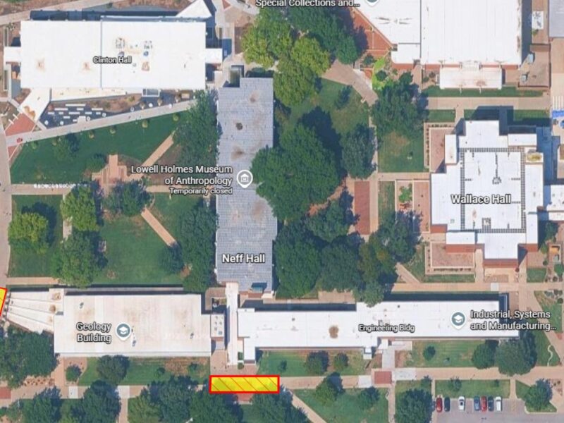 Overhead map view of the existing sidewalk closure between Geology and the RSC, and the temporary closure of the sidewalk south of the Geology and Engineering Buildings that will happen over Fall Break.