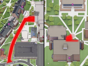 Overhead map of the area that will be closed. On the left shows North Isley Lane covered in red, and on the right shows the north entrance of Jabara Hall covered in red.