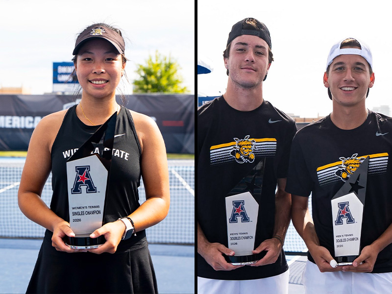 The Shockers hold up trophies for the women's singles and men's doubles championships.