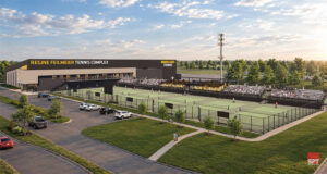 Rendering of the new tennis facility, with parking, six outdoor courts lined up side by side and audience seating on one side. The building is adorned with "Regine Feilmeier Tennis Complex" and "Wichita State Tennis."