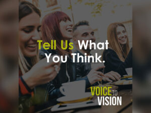 The text "Tell us what you think" on top of a photo of students enjoying a meal on campus.