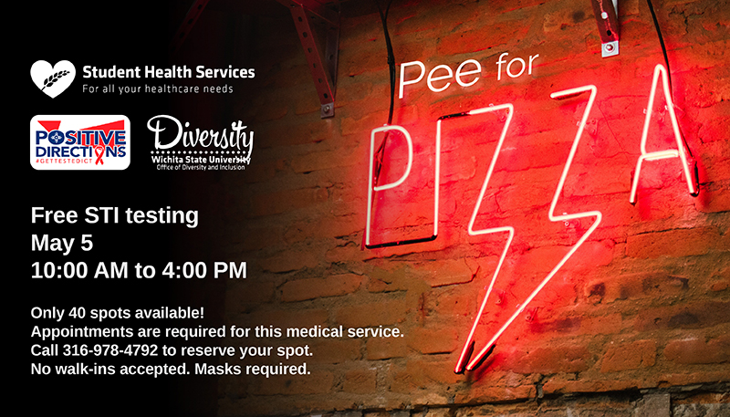 Free STI Testing May 5 10:00 AM to 4:00 PM Only 40 spots available! Appointments are required for this medical service. Call 316-978-4792 to reserve your spot. No walk-ins accepted. Masks required. Free STI Testing May 5 10:00 AM to 4:00 PM Only 40 spots available! Appointments are required for this medical service. Call 316-978-4792 to reserve your spot. No walk-ins accepted. Masks required.