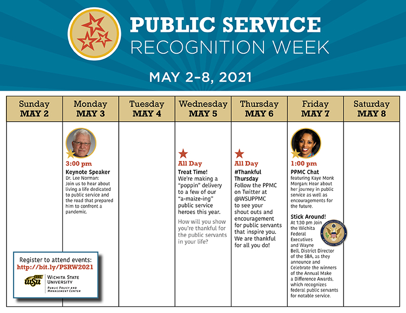 Public Service Recognition Week May 2-8; Monday: Dr. Lee Norman speaks at 1pm; Wednesday: The PPMC is delivering treats to municipal public servants; Thursday: #ThankfulThursday will be full of shout outs and encouragement on social media; Friday: Dr. Kaye Monk-Morgan speaks at 3pm; RSVP at http://bit.ly/PSRW2021 Public Service Recognition Week May 2-8; Monday: Dr. Lee Norman speaks at 1pm; Wednesday: The PPMC is delivering treats to municipal public servants; Thursday: #ThankfulThursday will be full of shout outs and encouragement on social media; Friday: Dr. Kaye Monk-Morgan speaks at 3pm; RSVP at http://bit.ly/PSRW2021